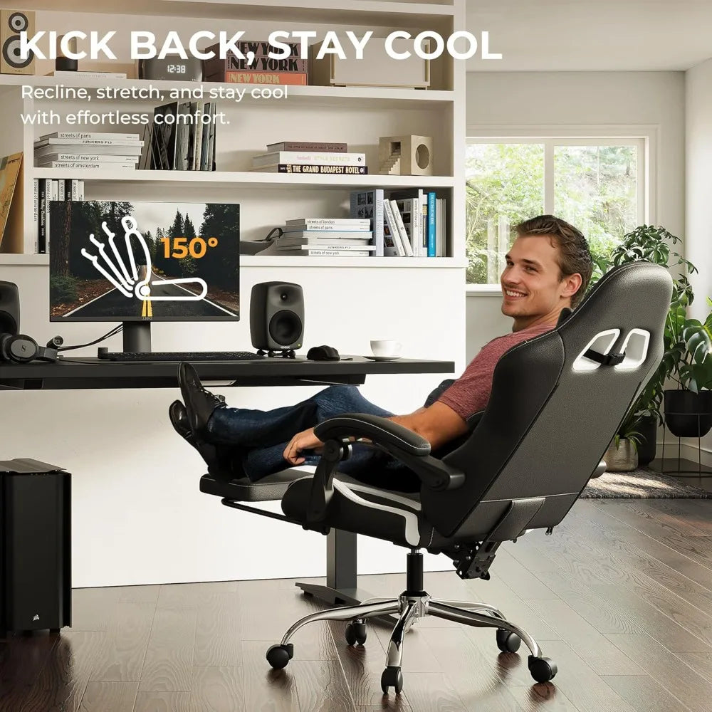 Ergonomic Gaming Chair with Footrest, Massage Lumbar Support, Adjustable Height & Headrest Pillow, Customized