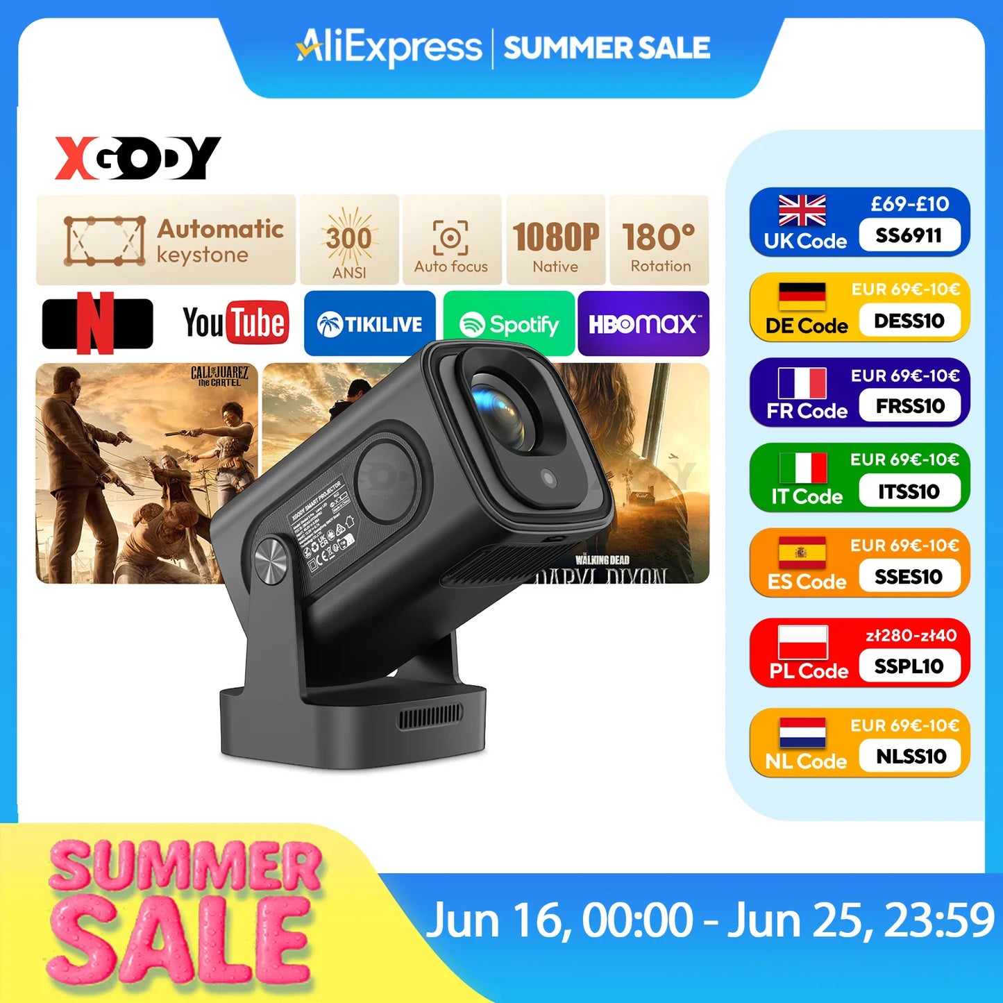 XGODY 4K HD 300ANSI Projector Cinema Bluetooth WiFi 1080P Android Home Theater Smart