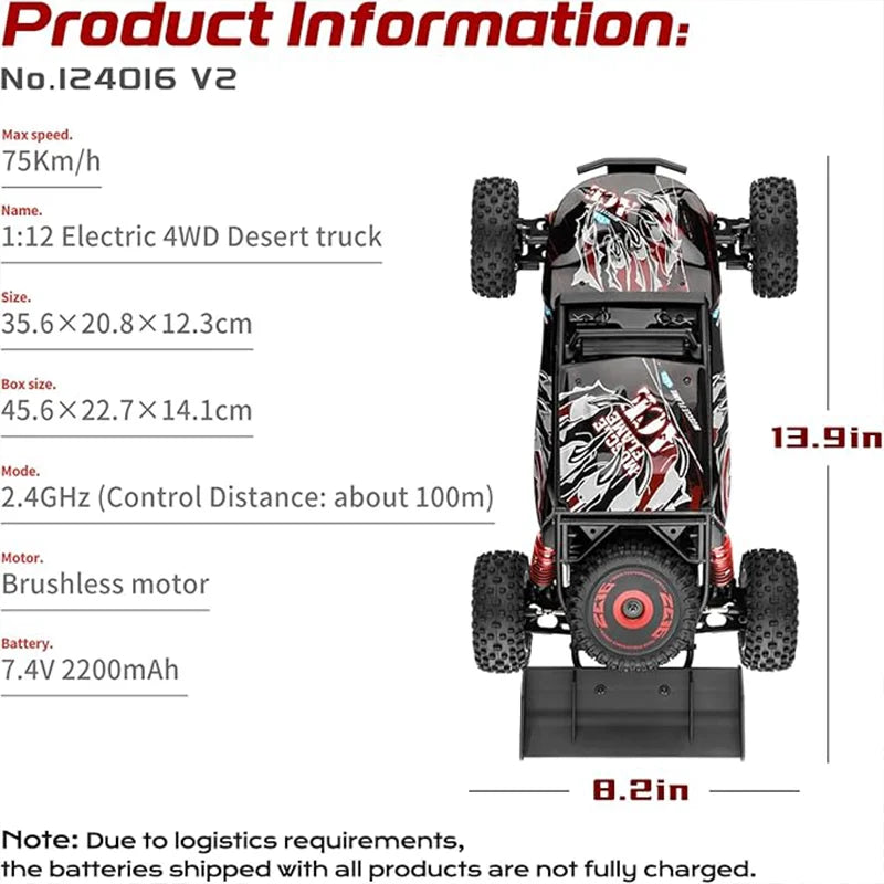 WLtoys 124016(V2) Fast RC Car, 1/12 Brushless RC Car with Independent ESC for Adults, 75km/h, Suitable for Outdoors and Gifts