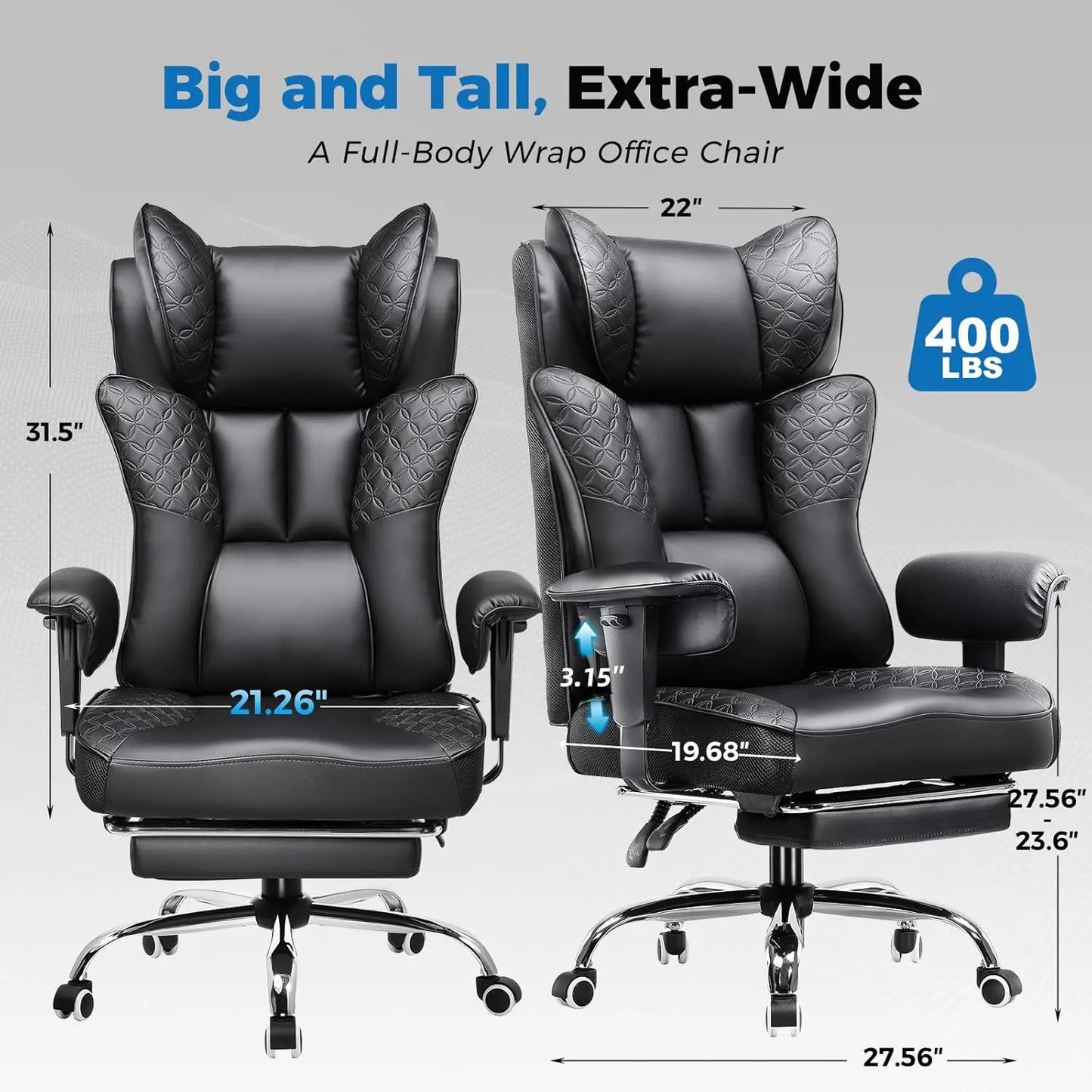 Ergonomic Gaming Chair with Footrest, 400LBS Capacity, Reclining Adjustable Armrests and Back Support for Big and Tall Users