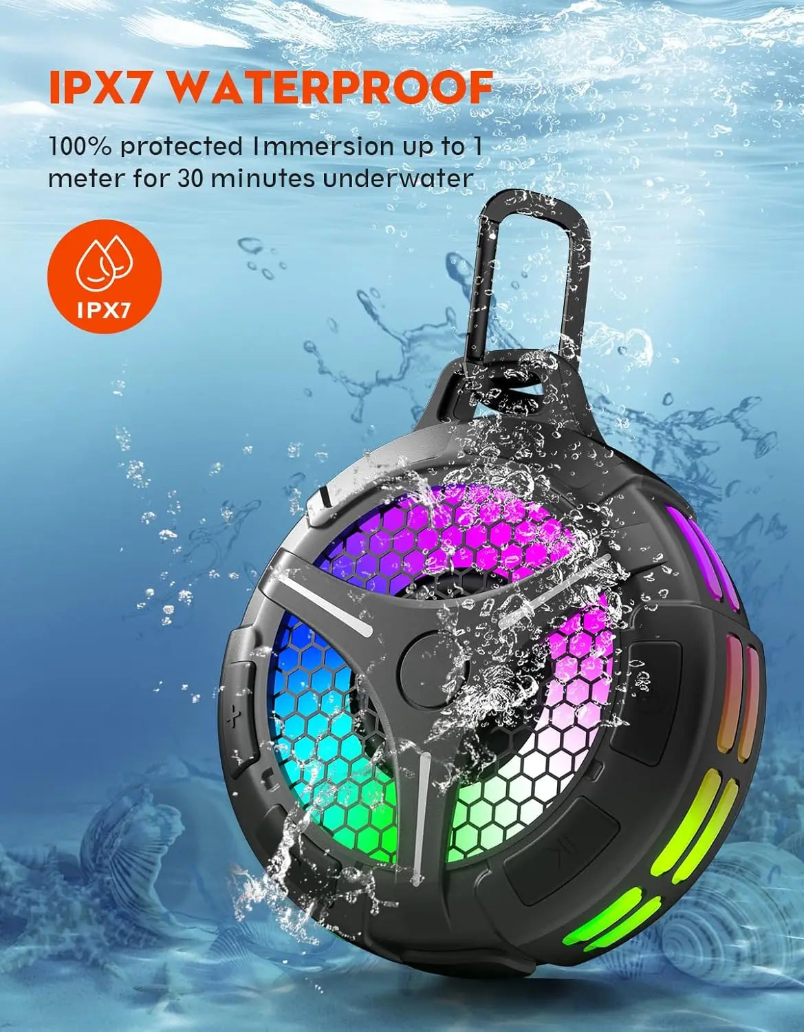 Ortizan Bluetooth Shower Speaker IPX7 Waterproof Bluetooth Speaker with LED Lights 15W HD Stereo Sound Portable Wireless Speaker