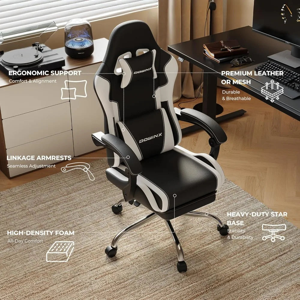Ergonomic Gaming Chair with Footrest, Massage Lumbar Support, Adjustable Height & Headrest Pillow, Customized