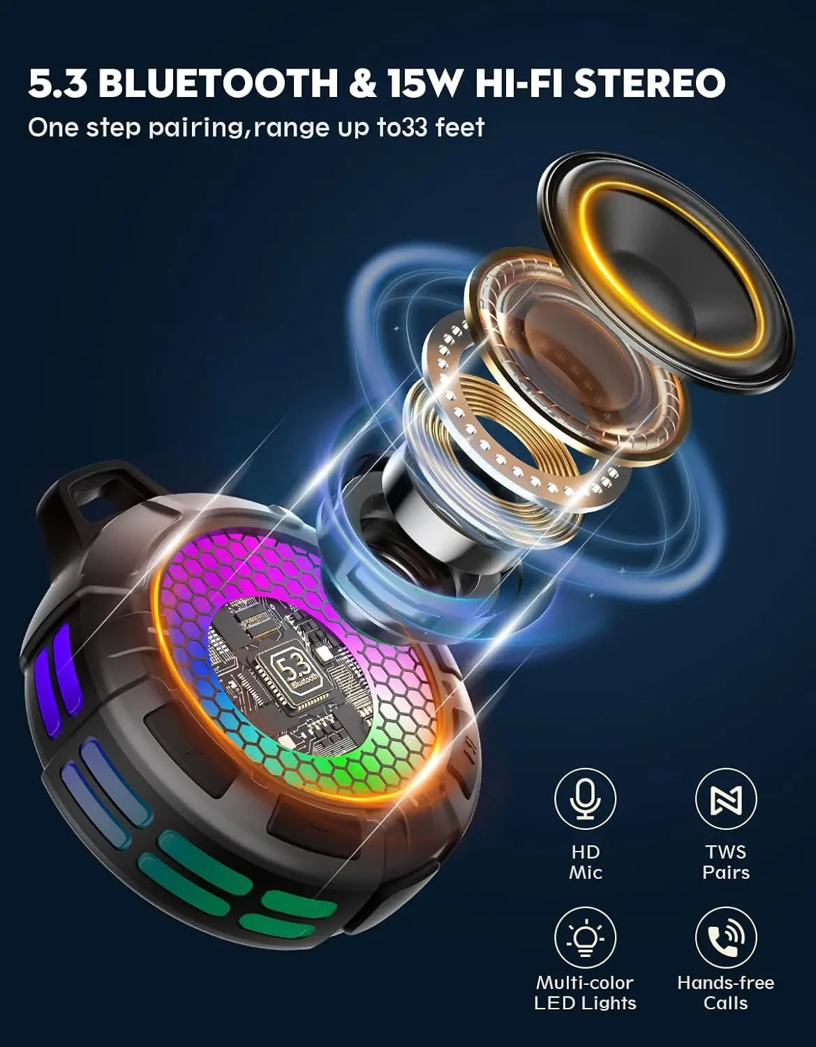 Ortizan Bluetooth Shower Speaker IPX7 Waterproof Bluetooth Speaker with LED Lights 15W HD Stereo Sound Portable Wireless Speaker