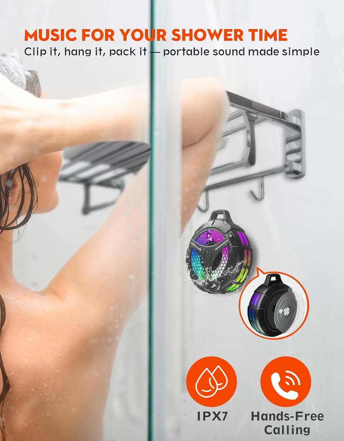 Ortizan Bluetooth Shower Speaker IPX7 Waterproof Bluetooth Speaker with LED Lights 15W HD Stereo Sound Portable Wireless Speaker