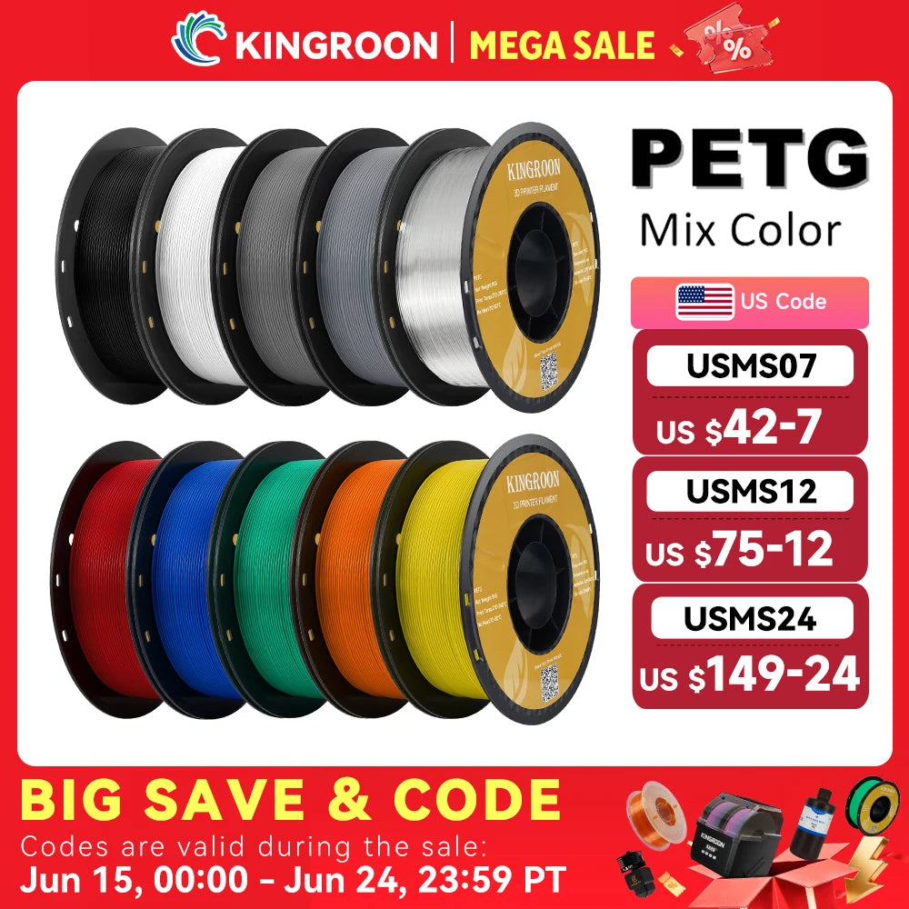 KINGROON PETG 3D Printer Filament 1.75mm 5KG 10KG Mix Color 3D Printing Material 1kg/roll  petg Plastic For FDM 3dprinter