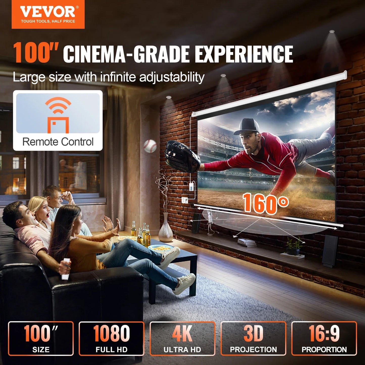 SucceBuy Electric Motorized Projector Screen 100in16:9 4K 1080 HD Wall Mount Movie Screen for Family Home Office Movie Theater